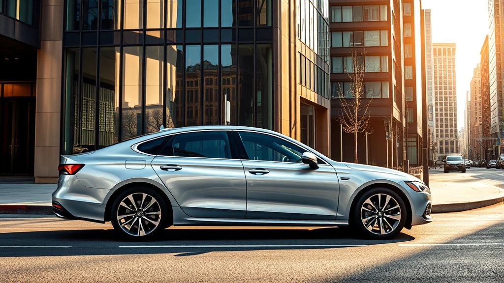 Sleek silver 2023 sedan parked on modern city street with glass buildings reflecting sunlight, professional automotive photography style, daytime lighting