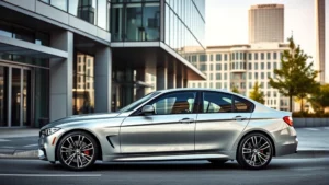 Sleek metallic silver BMW M440i xDrive sedan parked on modern urban street with contemporary architecture in background, professional automotive photography style