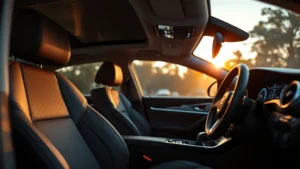 Luxury sedan interior with premium leather seats, ambient lighting, and modern dashboard technology in soft focus, professional photography