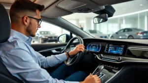 Professional automotive reviewer examining luxury sedan interior with premium materials and digital dashboard display in modern dealership showroom