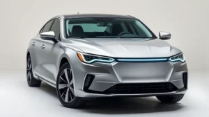 Professional automotive photography of a 2024 sedan front three-quarter view in metallic silver, showcasing modern design lines and LED headlight signature on a clean studio background