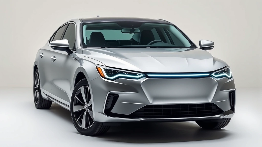 Professional automotive photography of a 2024 sedan front three-quarter view in metallic silver, showcasing modern design lines and LED headlight signature on a clean studio background