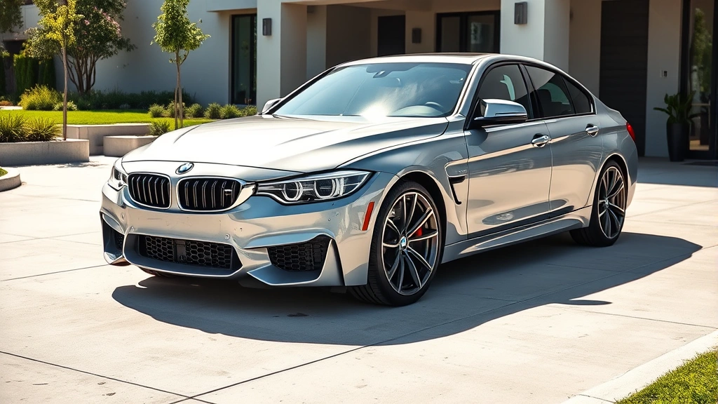 Sleek silver BMW M440i sedan parked on modern concrete driveway, glossy paint reflecting sunlight, aggressive front grille, performance wheels, luxury automotive photography
