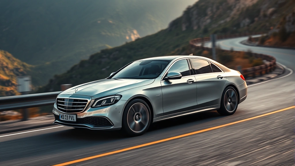 Premium luxury sedan in motion on winding mountain road, elegant profile, sophisticated design, natural lighting, professional automotive photography