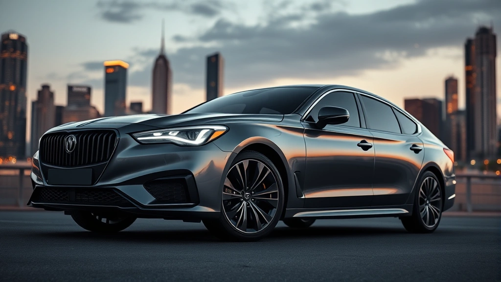 Sleek luxury sedan profile showcasing modern aerodynamic design with LED headlights, premium paint finish, and elegant proportions against urban skyline backdrop