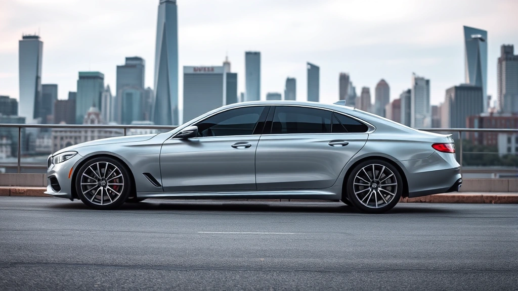 Sleek silver luxury sedan parked in modern urban setting with city skyline background, showcasing premium design and elegant proportions