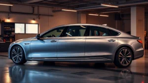 Sleek 2024 luxury sedan parked in modern garage with ambient lighting, polished chrome accents visible, premium leather interior partially visible through windows