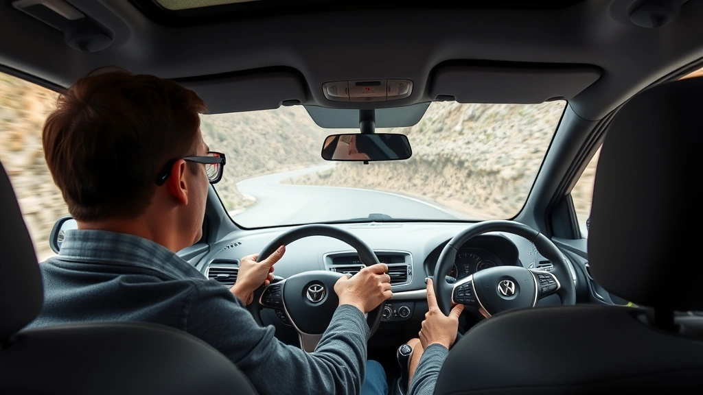 Professional automotive journalist testing a compact sedan on a winding mountain road, dynamic driving perspective showing steering wheel and focused driver expression through windshield