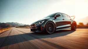 Professional automotive photographer capturing sleek performance sedan in motion on empty mountain road with dramatic lighting and sharp focus on wheel and bodywork details