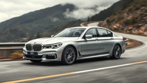 Luxury BMW 7 Series sedan in silver on winding mountain road, professional automotive photography, premium interior visible through windows, overcast daylight conditions