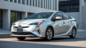Silver Toyota Prius compact sedan parked in modern urban street with minimalist architecture background, daytime lighting, three-quarter front view showing sleek aerodynamic design