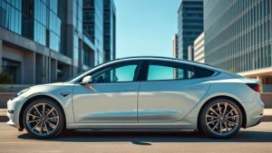 2024 Tesla Model 3 sedan in pearl white multi-coat, photographed from three-quarter front angle against modern urban architecture, sleek electric vehicle design, premium interior visible through windows