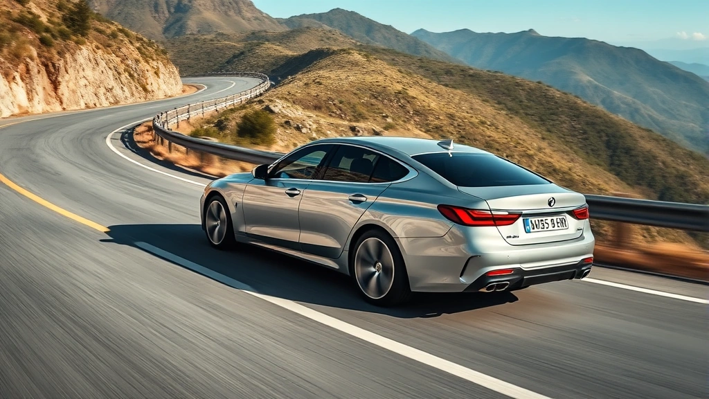 Sleek silver sedan in motion on winding mountain road, dynamic angle showing responsive handling and modern aerodynamic design, professional automotive photography