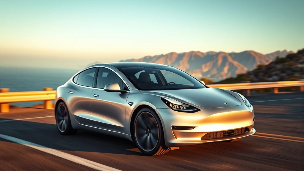 Sleek silver Tesla Model 3 Performance sedan on coastal highway, mountains in background, afternoon sunlight reflecting off body panels, professional automotive photography