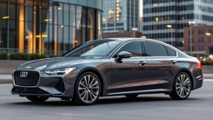 Sleek 2024 luxury sedan parked in modern urban setting, polished exterior reflecting city lights, premium alloy wheels, professional automotive photography