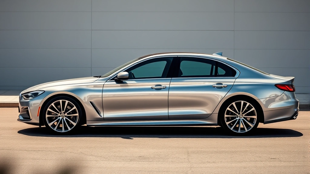 Sleek luxury sedan in metallic silver with premium alloy wheels, photographed from three-quarter angle in sunlight, showcasing elegant body lines and modern design cues