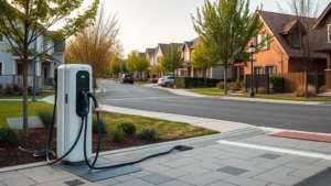 Electric vehicle charging station with multiple ports, modern infrastructure, residential neighborhood setting, daytime lighting, clean contemporary design
