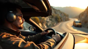 Professional automotive journalist test driving a sports car on a winding mountain road, focused concentration on face, modern highway curves visible, golden hour lighting