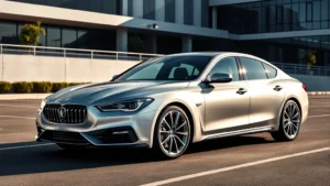 Sleek luxury sedan in metallic silver parked on pristine asphalt with modern architecture background, professional automotive photography, daytime lighting
