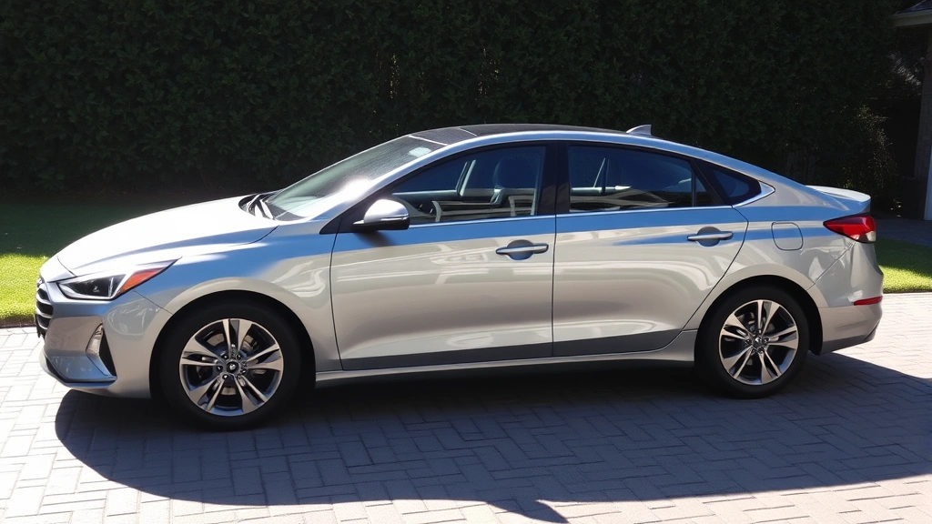 Modern hybrid sedan parked in residential driveway, sunlight reflecting off metallic paint, green foliage background, showing profile view with visible wheels and body lines