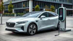 Modern electric sedan charging at fast-charging station with sleek design, white and metallic finish, urban setting with contemporary architecture background