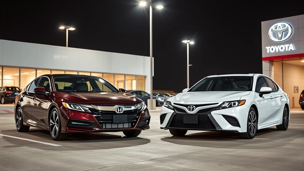 Professional automotive photographer capturing Honda Accord and Toyota Camry parked side-by-side on modern dealership lot with dramatic lighting emphasizing sleek sedan proportions and premium paint finishes