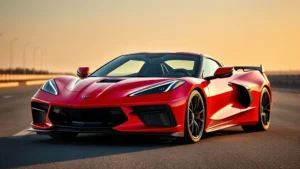 2024 Chevrolet Corvette Z06 mid-engine sports car in bright red, three-quarter front view, dramatic lighting highlighting aggressive body lines and low stance, empty highway background, high-quality automotive photography
