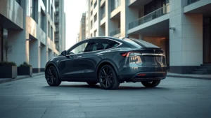 Sleek Tesla Model Y electric SUV parked in modern urban environment with contemporary architecture, clean lines, minimalist design, daytime lighting, professional automotive photography style, no visible license plates or text