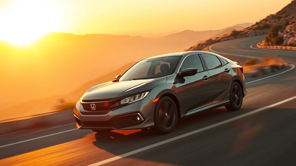 Modern Honda Civic driving on winding mountain road during golden hour, dynamic motion blur, professional automotive photography, sunlight reflecting off sleek sedan body panels