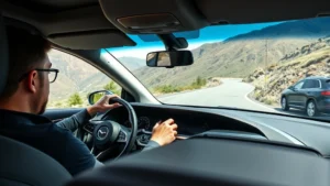 Professional automotive journalist test driving modern sedan on winding mountain road with precision steering input and focused expression visible through windshield