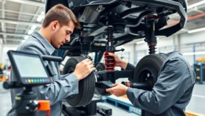 Professional automotive engineer testing vehicle suspension components on modern test track with precision equipment, bright daylight, detailed focus on suspension geometry and measurement tools