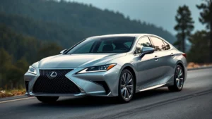 2024 Lexus ES 350 silver sedan photographed from three-quarter front angle on mountain road with blurred forest background, showing elegant curved lines and sophisticated headlight design