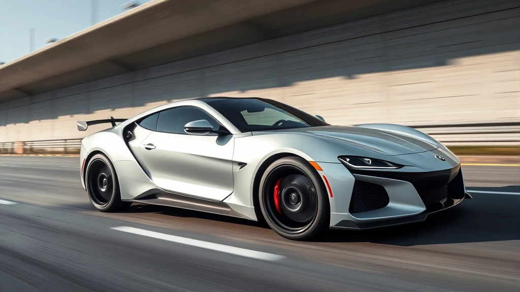 Modern sports car accelerating on empty highway, motion blur background, aggressive stance, sleek aerodynamic design, premium automotive photography