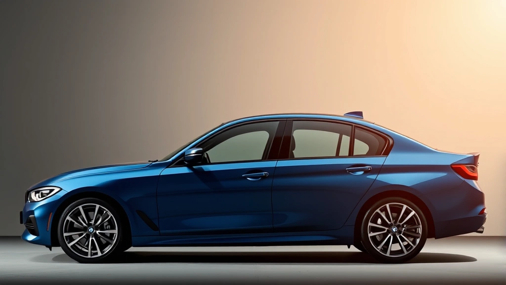 Professional side profile of 2024 BMW 340i sport sedan in metallic blue paint, photographed against neutral background with dramatic lighting highlighting aggressive body lines and premium wheels