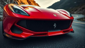 Low-angle view of a red Ferrari F8 Tributo with aggressive styling, photographed on a winding mountain road with dramatic lighting and sharp focus on the front grille and headlights