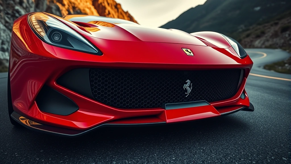 Low-angle view of a red Ferrari F8 Tributo with aggressive styling, photographed on a winding mountain road with dramatic lighting and sharp focus on the front grille and headlights