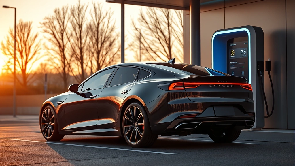 Sleek electric sedan charging at modern charging station with LED indicators and futuristic design, late afternoon golden hour lighting, photorealistic