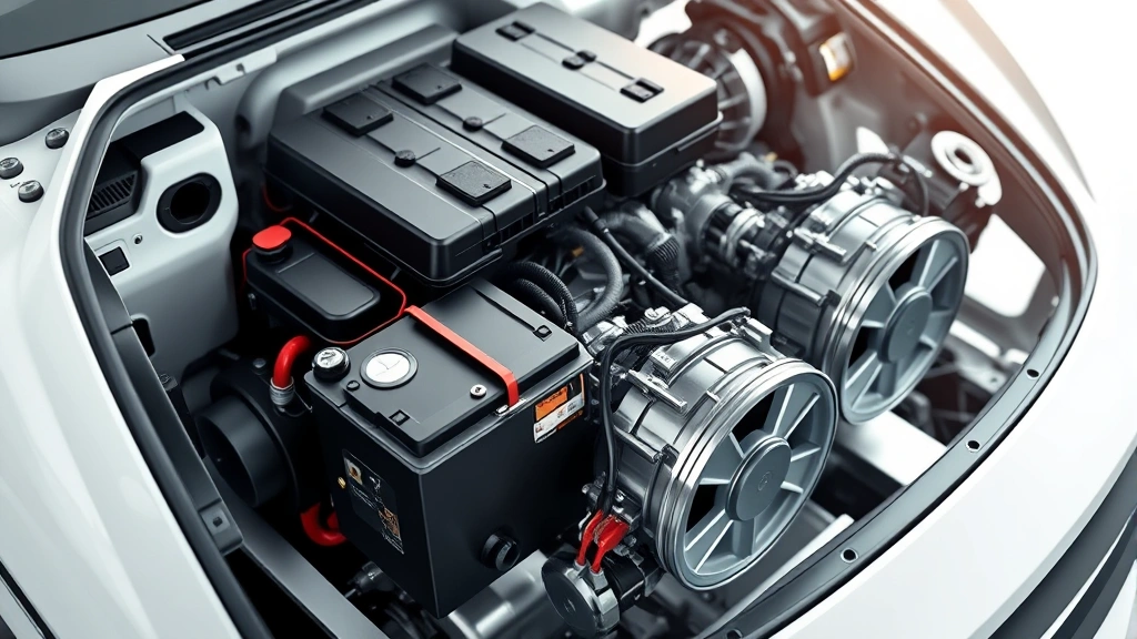 Close-up of hybrid vehicle powertrain showing dual power system with battery modules and electric motor components, technical but visually appealing, professional automotive documentation style