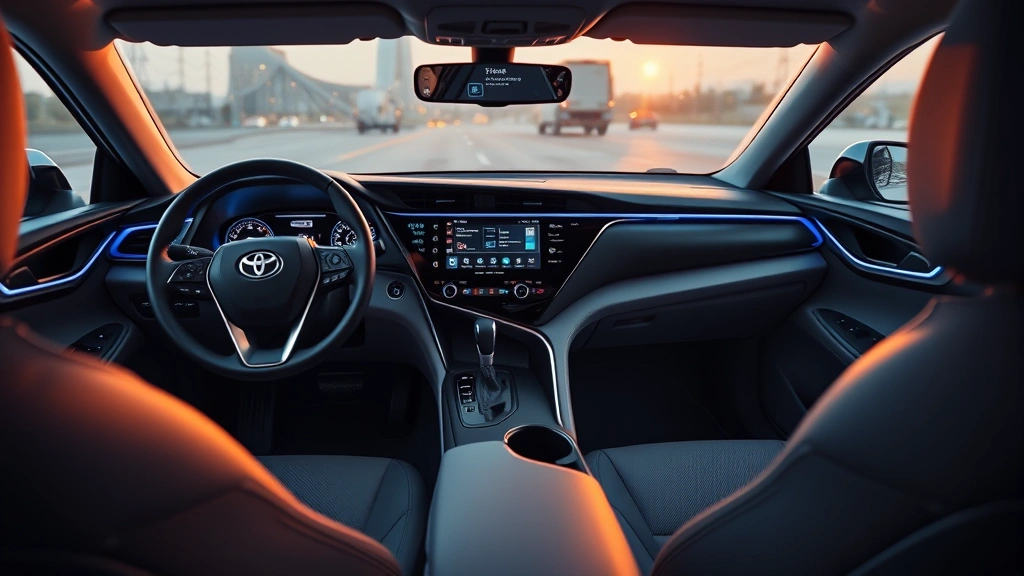 2024 Toyota Camry hybrid interior dashboard with modern infotainment system, premium leather seats, ambient lighting, luxury sedan cabin