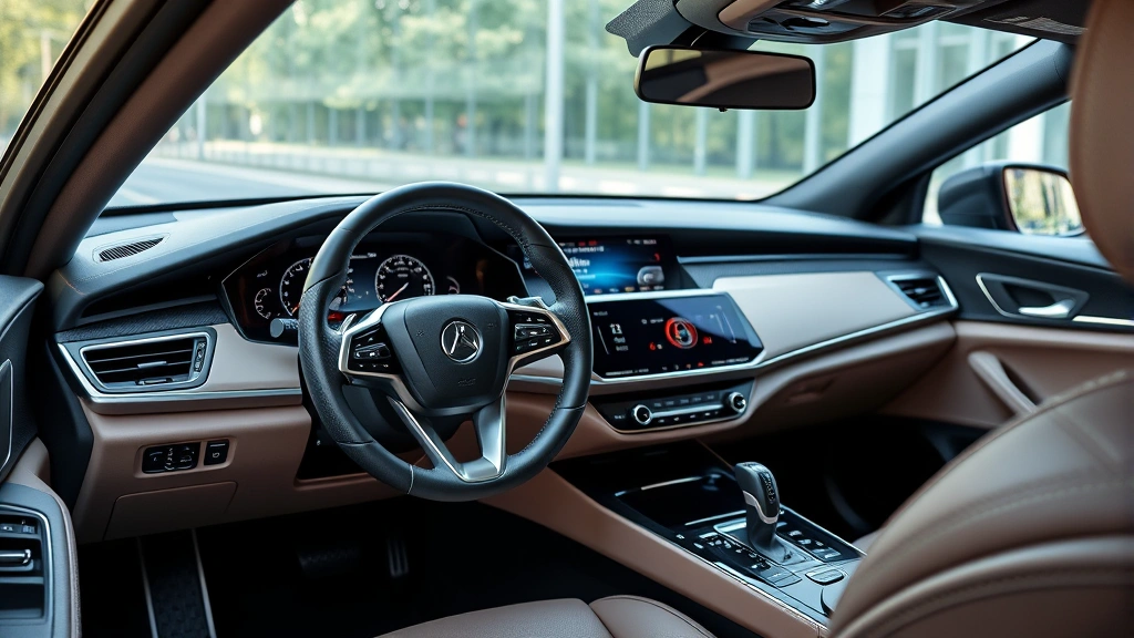 Modern sedan interior dashboard with advanced infotainment display, leather steering wheel, and digital instrument cluster in contemporary automotive design