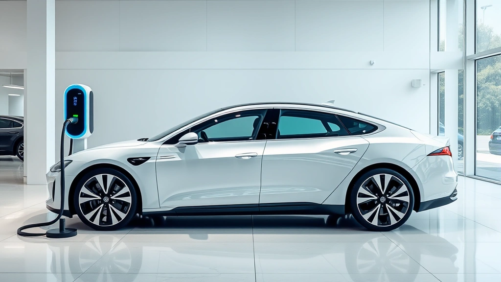 Electric vehicle charging port with modern EV sedan in sleek showroom setting, emphasizing futuristic automotive design and clean energy