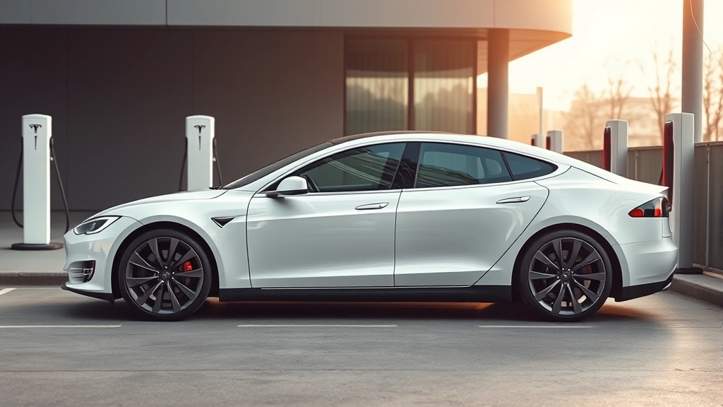 Modern Tesla Model S Plaid sedan in pearl white multi-coat, side profile view highlighting minimalist design and aerodynamic contours, parked in contemporary urban charging station environment with soft natural lighting