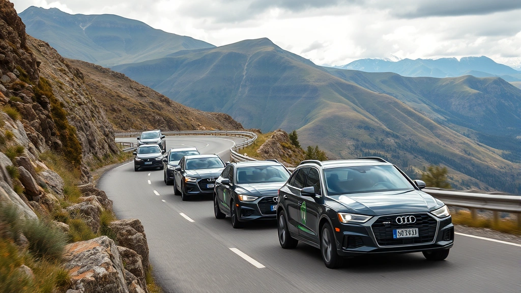 Diverse group test driving vehicles on winding mountain road, multiple cars in convoy, scenic landscape, dynamic motion photography