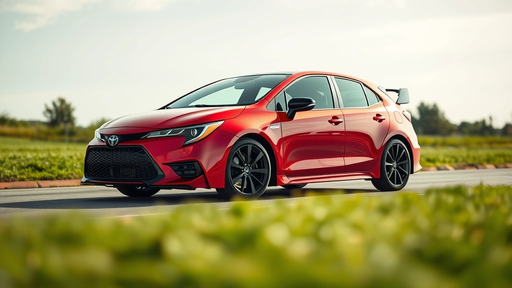 Toyota GR Corolla sport sedan in aggressive red finish, dynamic side profile emphasizing muscular proportions and turbocharged stance, professional automotive photography