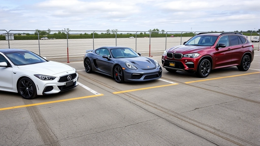 Multiple vehicles lined up for comparison testing including sedan, sports car, and SUV models on professional automotive testing facility grounds
