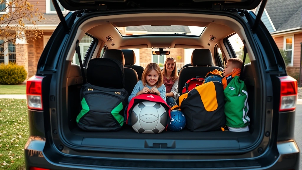 Three-row SUV parked at suburban home with family loading sports equipment and luggage, spacious cargo area open, diverse family of five visible