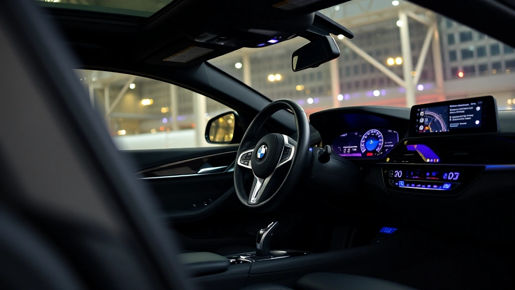 2024 BMW M550i xDrive black sedan interior dashboard cockpit leather steering wheel ambient lighting