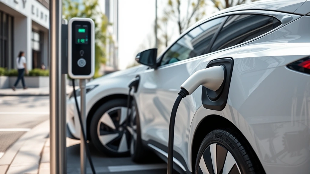 Modern electric vehicle charging at public station, emphasizing futuristic charging connector and vehicle's minimalist design, photographed in contemporary urban setting with natural daylight