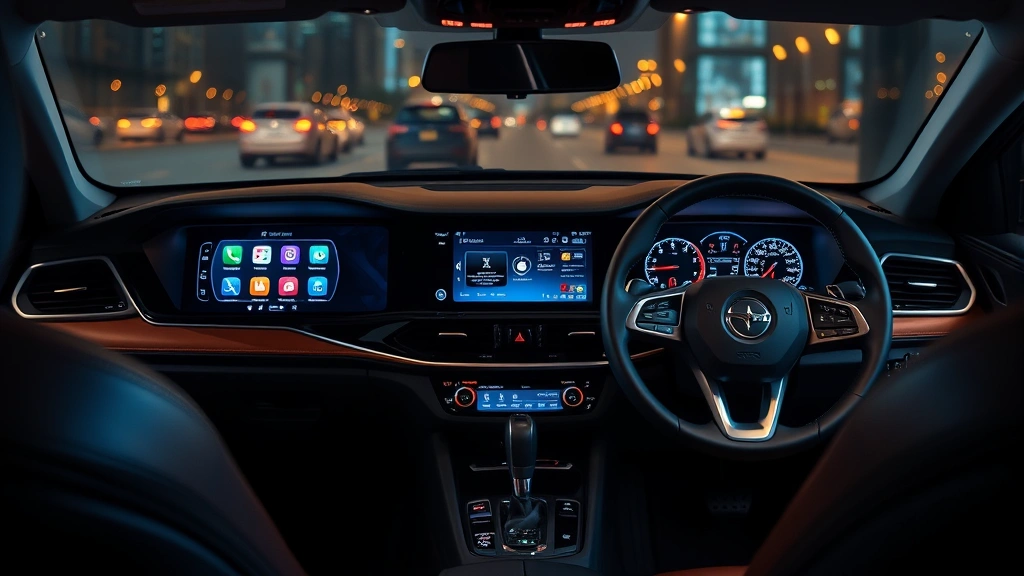 Sedan interior dashboard featuring modern infotainment touchscreen display, leather steering wheel, ambient lighting, and advanced technology integration