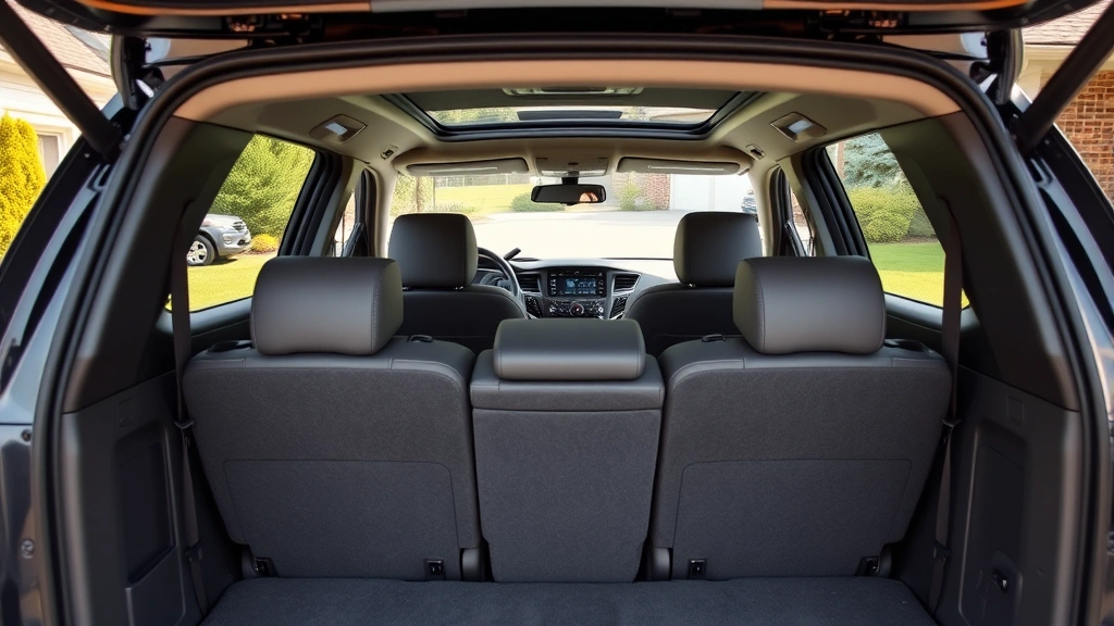 Modern family SUV parked in suburban driveway, three-row seating visible through windows, daytime natural lighting, clean detailed exterior